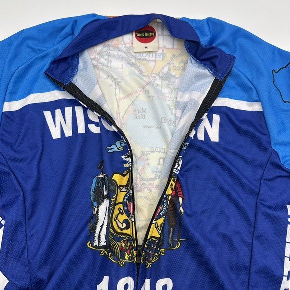 Wisconsin Mens Medium Full Zip Cycling Jersey Xl Madison, WI Biking Map Blue - Picture 7 of 11